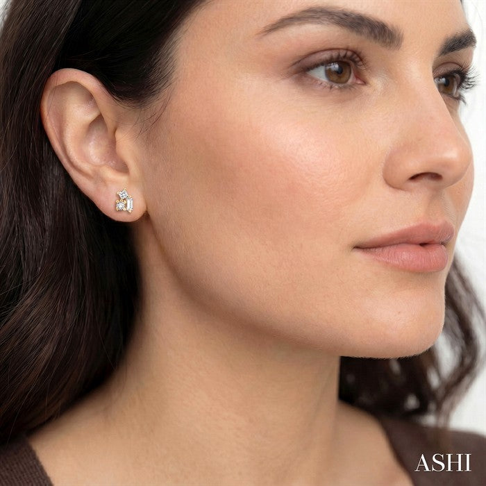 1/6 Ctw Petite Tri-Stone Scatter Princess, Baguette & Round Cut Diamond Fashion Stud Earrings in 10K Yellow Gold