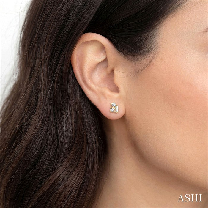 1/6 Ctw Petite Tri-Stone Scatter Princess, Baguette & Round Cut Diamond Fashion Stud Earrings in 10K Yellow Gold