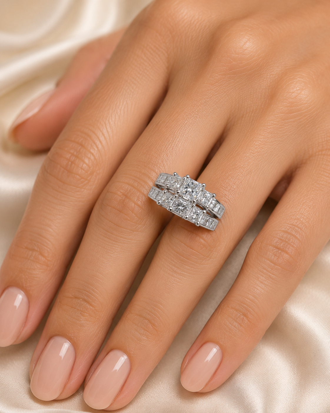 2.00 CTW Three-Stone Diamond Bridal Set in 14K White Gold (3/4 CT Center) | Monica Jewelers