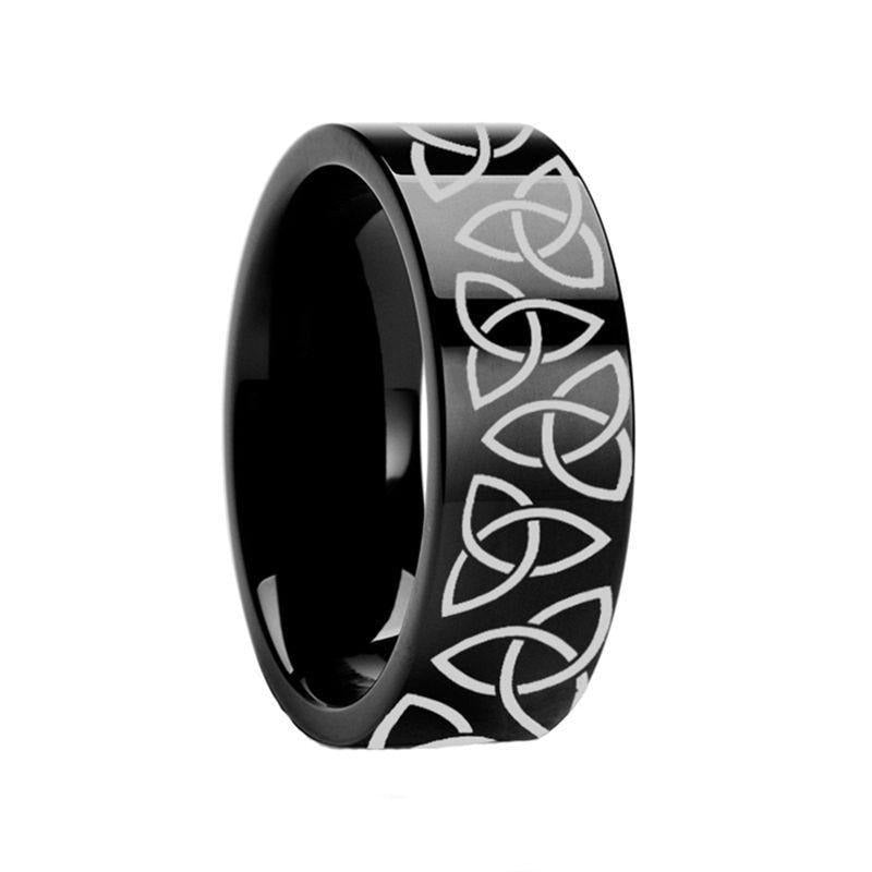 Triquetra Celtic Trinity Engraved Flat Black Tungsten Ring Polished - 4mm - 12mm - 6mm