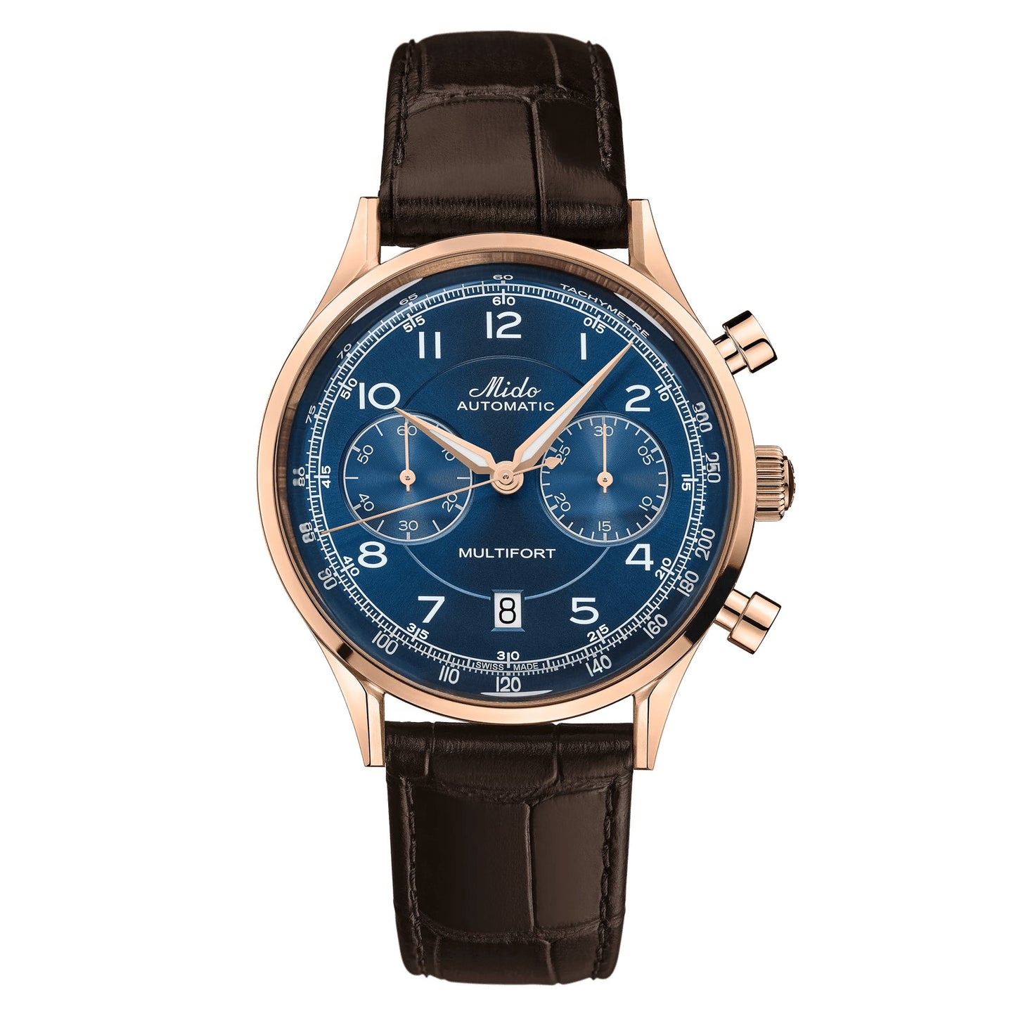 MIDO Multifort Patrimony Chronograph Blue Dial, Stainless Steel Rose Gold-Tone Watch with Brown Leather Strap - 42mm