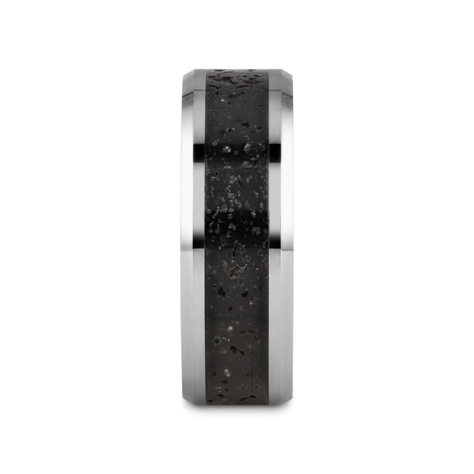 KILAUEA Men’s Polished Tungsten Wedding Band with Black & Gray Lava Rock Stone Inlay & Polished Beveled Edges - 8mm