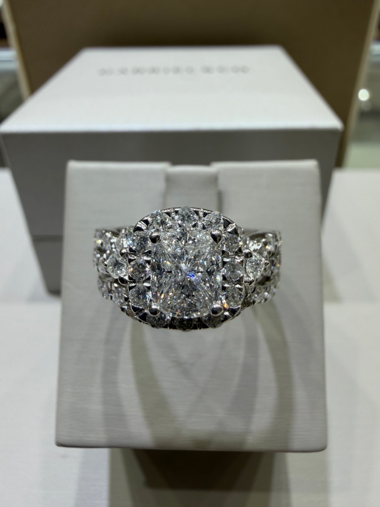 2.00 CTW Radiant-Style Composite Diamond Twist Halo Wedding Set in 14K White Gold – 0.53 CT Center