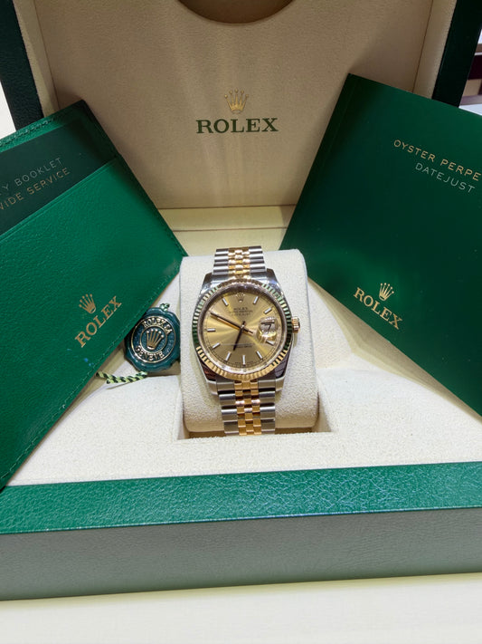 Rolex Datejust 36 116233 Champagne Index Dial Two-Tone 18K Gold Box & Papers