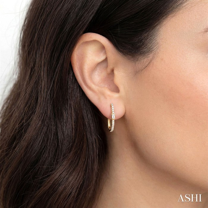 3/8 Ctw Rectangular Shape Baguette and Round Cut Diamond Fashion Hoop Earrings in 14K Yellow Gold