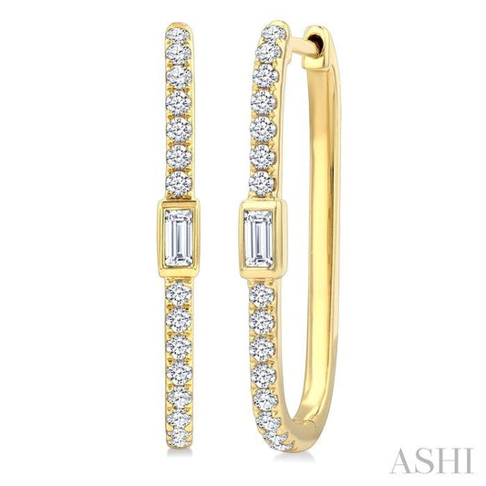 3/8 Ctw Rectangular Shape Baguette and Round Cut Diamond Fashion Hoop Earrings in 14K Yellow Gold