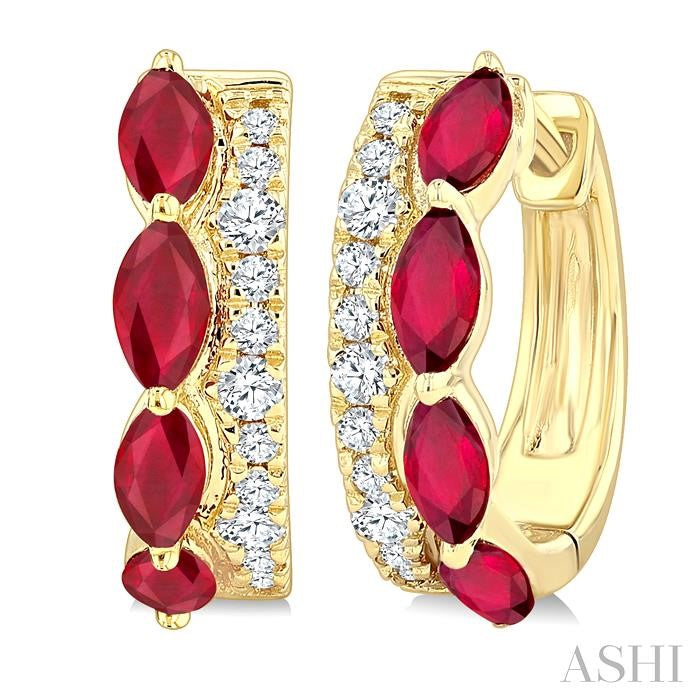 4X2 MM Marquise Shape Ruby and 1/6 Ctw Round Cut Diamond Precious Hoop Earrings in 10K Yellow Gold