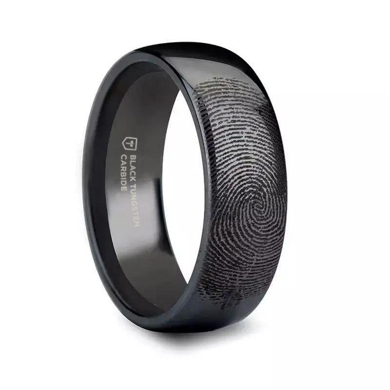 Fingerprint Engraved Domed Black Tungsten Ring Polished - 4mm - 12mm - 6mm
