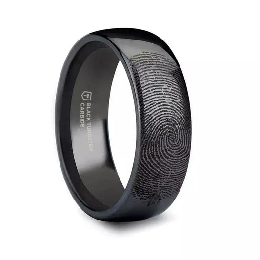 Fingerprint Engraved Domed Black Tungsten Ring Polished - 4mm - 12mm - 6mm