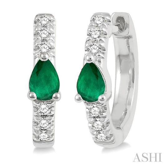 4X3 MM Pear Cut Emerald and 1/10 Ctw Round Cut Diamond Petite Huggie Earrings in 10K White Gold