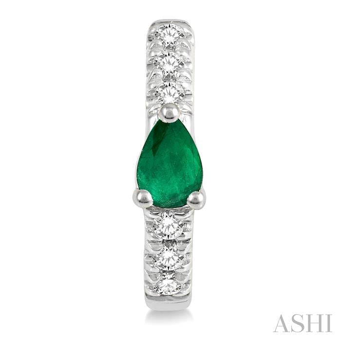 4X3 MM Pear Cut Emerald and 1/10 Ctw Round Cut Diamond Petite Huggie Earrings in 10K White Gold