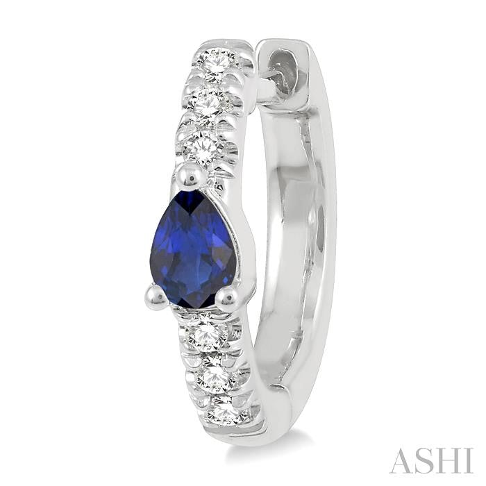 4X3 MM Pear Cut Sapphire and 1/10 Ctw Round Cut Diamond Petite Huggie Earrings in 10K White Gold