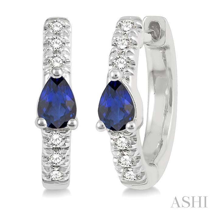 4X3 MM Pear Cut Sapphire and 1/10 Ctw Round Cut Diamond Petite Huggie Earrings in 10K White Gold