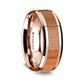 14K Rose Gold Polished Beveled Edges Wedding Ring with Cherry Wood Inlay - 8 mm