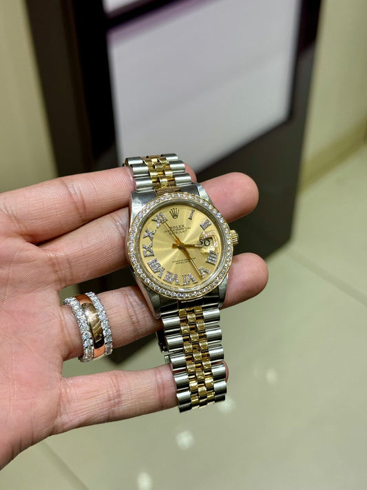 Diamond Gold Rolex Watch For Men 16233 | 36Mm | Gold Roman Numeral Dial | Single Row 1 Carat Bezel | Jubilee Band