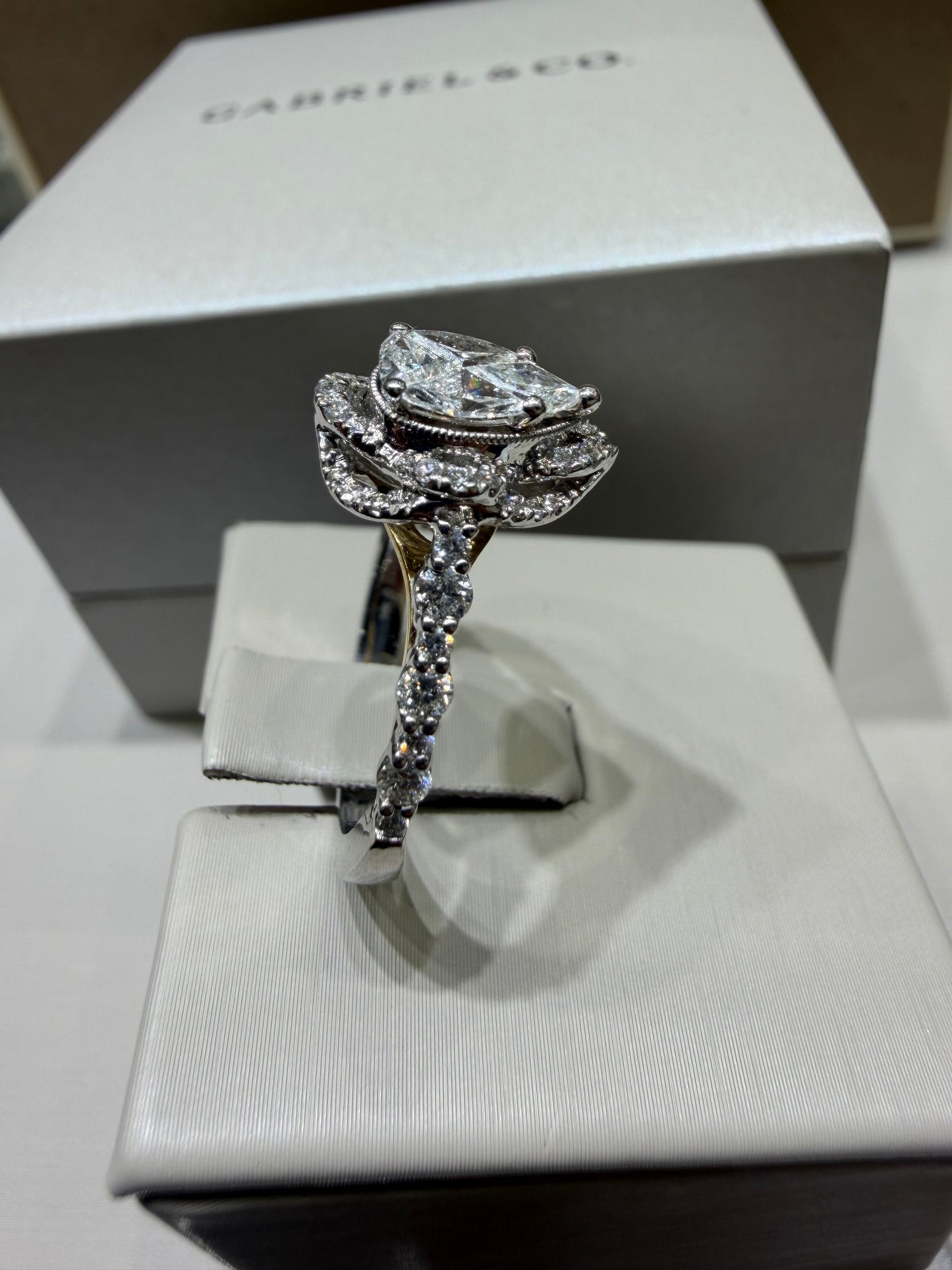 14K Two-Tone White Gold 0.80 CTW Natural Diamond Pear-Shaped Composite Halo Engagement Ring