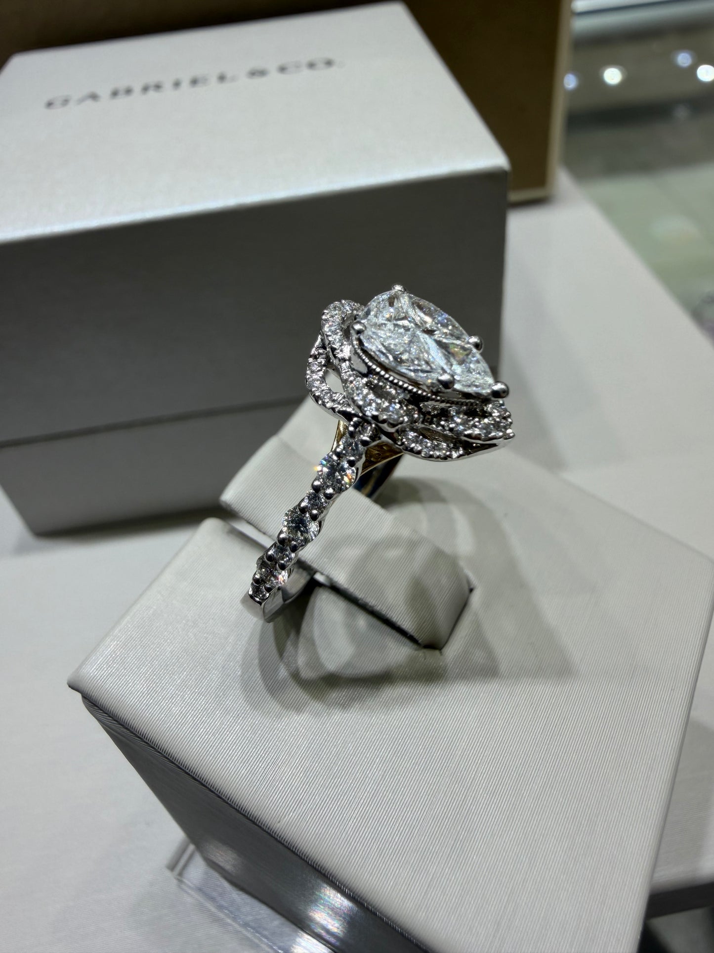 14K Two-Tone White Gold 0.80 CTW Natural Diamond Pear-Shaped Composite Halo Engagement Ring