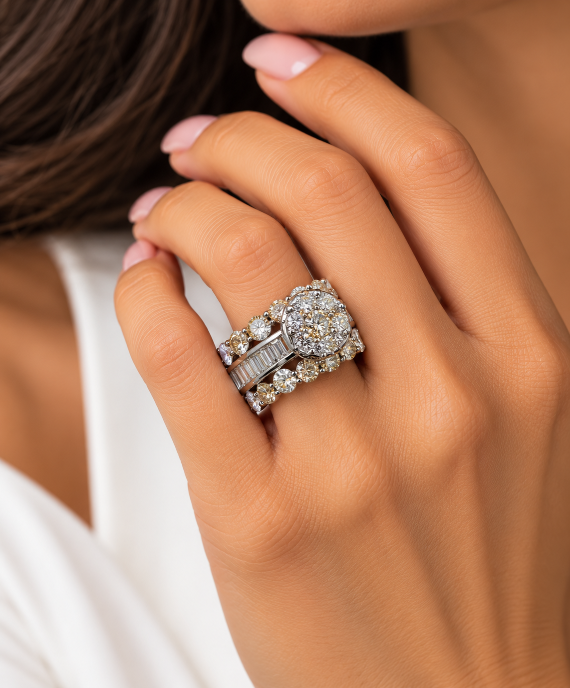 10K White Gold 4.00 CTW Natural Diamond Round & Baguette Triple-Row Engagement Ring - H-I Color, SI Clarity