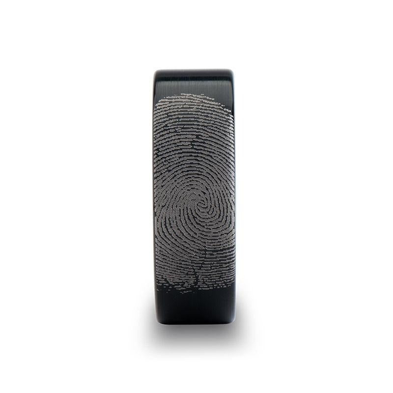 Fingerprint Engraved Flat Pipe Cut Black Tungsten Ring Brushed - San Antonio - 4mm - 12mm - 8mm