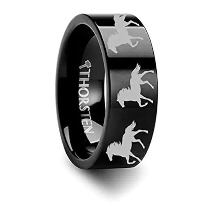 Animal Horse Print Engraved Flat Black Tungsten Ring - 4mm - 12mm - 6mm