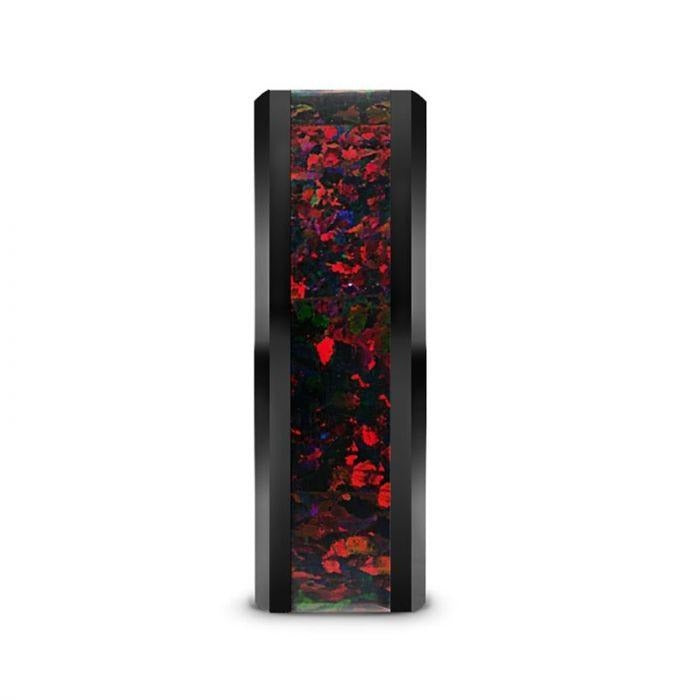 MATRIX Black Ceramic Polished Beveled Edges Men’s Wedding Band with Black Opal Inlay - 8mm