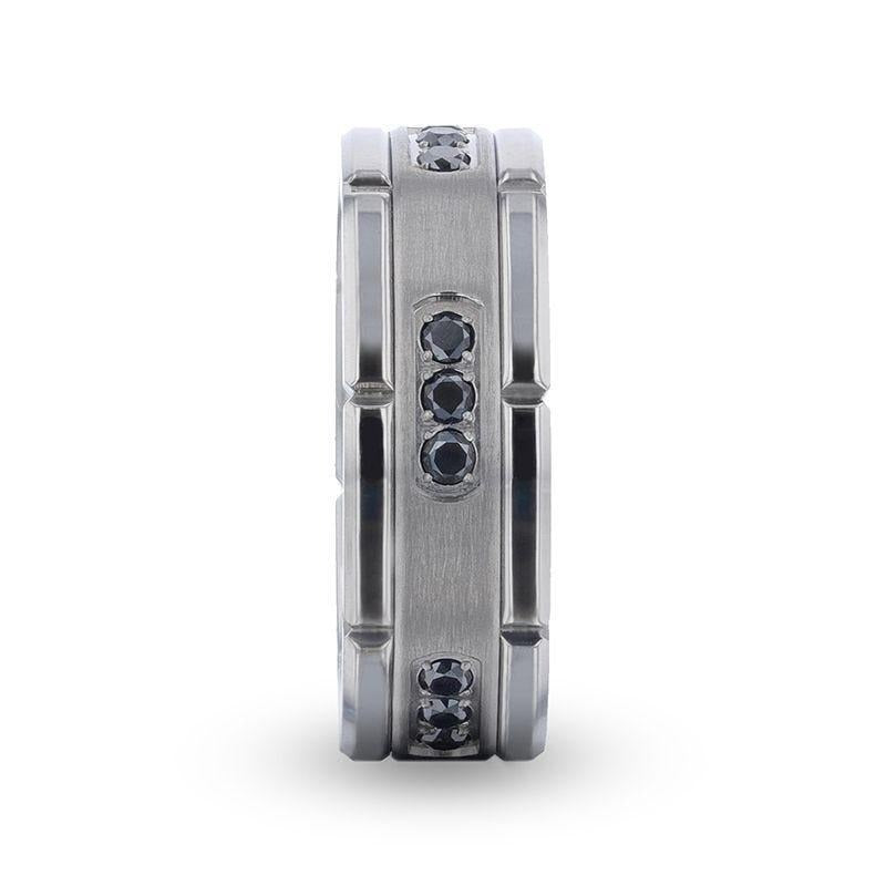 COURAGEOUS Brushed Center Titanium Men's Wedding Band With Double Grooved Polished Edges And Black Diamond Settings - 8m