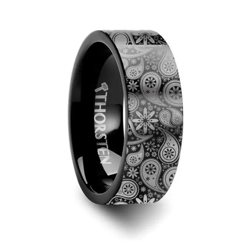 Paisley Pattern Black Tungsten Engraved Ring - 4mm - 12mm - 6mm