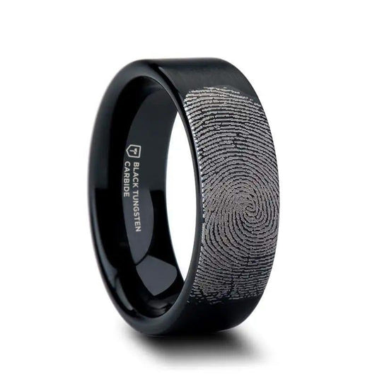 Fingerprint Engraved Flat Pipe Cut Black Tungsten Ring Brushed - San Antonio - 4mm - 12mm - 6mm