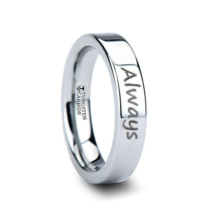 Handwritten Engraved Flat Pipe Cut Tungsten Ring Polished - 4mm - 12mm - 6mm