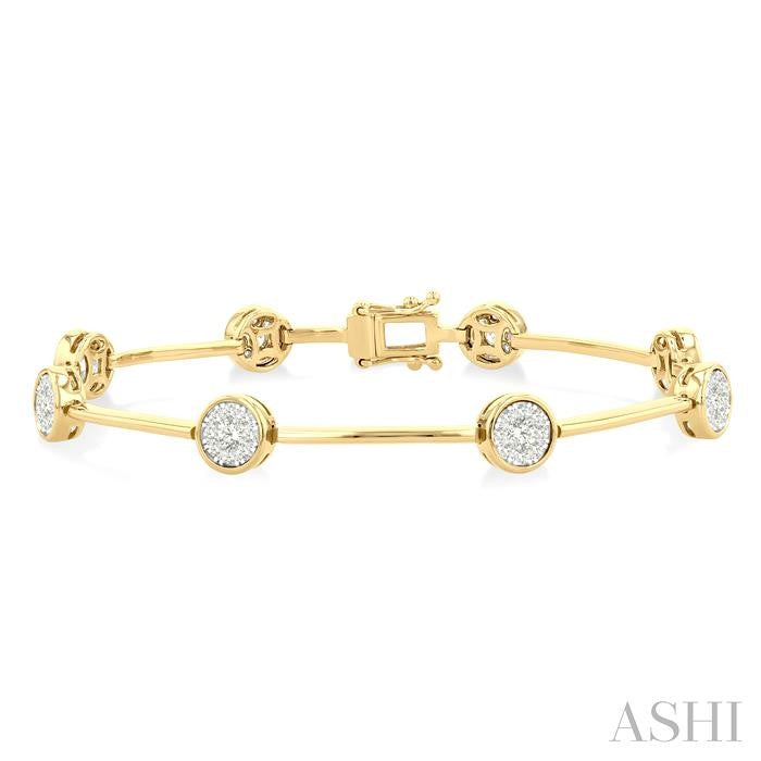 1 1/5 Ctw Lovebright Circular and Bar Shape Link Round Cut Diamond Bracelet in 14K Yellow and White Gold