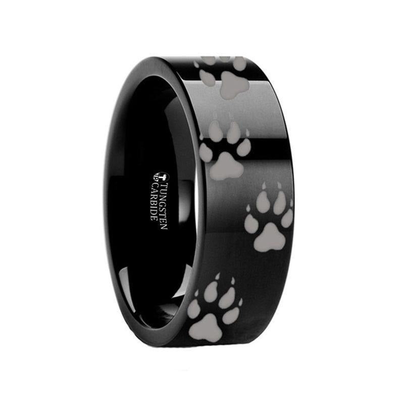 Animal Track Wolf Print Ring Engraved Black Tungsten - 4mm - 12mm - 6mm