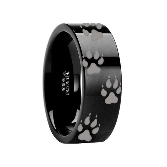 Animal Track Wolf Print Ring Engraved Black Tungsten - 4mm - 12mm - 6mm