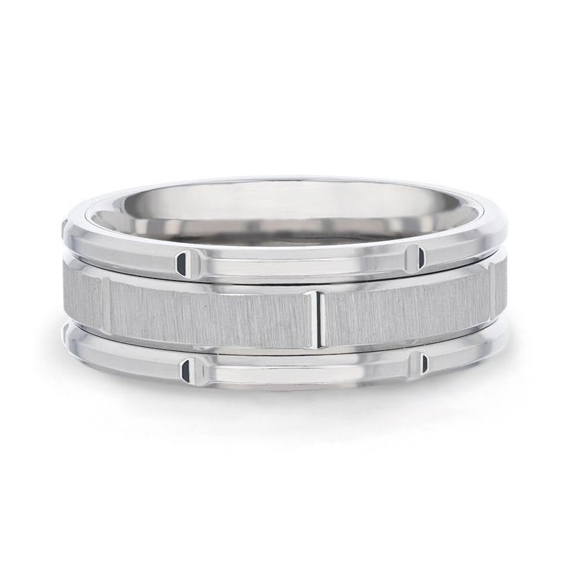 WARRICK Alternating Grooves And Horizontal Etched Finish Titanium Men's Wedding Band with Alternating Grooved Beveled Po