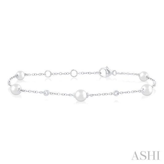 5 MM Round Shape Cultured Pearl and 1/6 Ctw Round Cut Diamond Fashion Station Bracelet in 14K White Gold