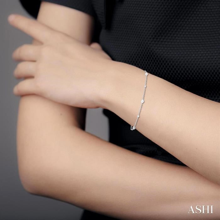 3 MM Round Shape Cultured Pearl and 1/20 Ctw Round Cut Diamond Fashion Station Bracelet in 14K White Gold