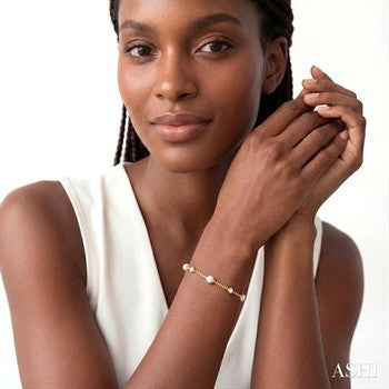 3 MM Round Shape Cultured Pearl and 1/20 Ctw Round Cut Diamond Fashion Station Bracelet in 14K Yellow Gold