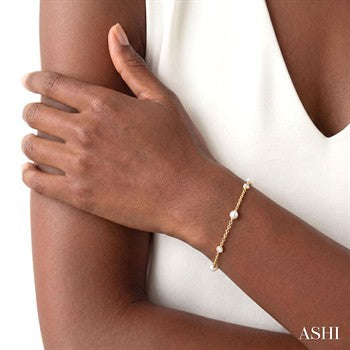 3 MM Round Shape Cultured Pearl and 1/20 Ctw Round Cut Diamond Fashion Station Bracelet in 14K Yellow Gold