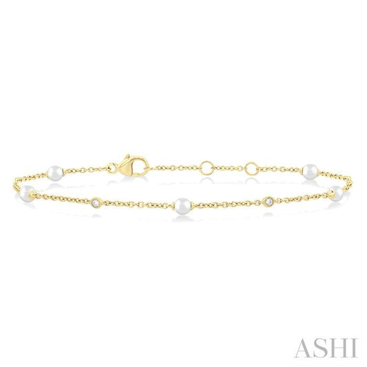 3 MM Round Shape Cultured Pearl and 1/20 Ctw Round Cut Diamond Fashion Station Bracelet in 14K Yellow Gold