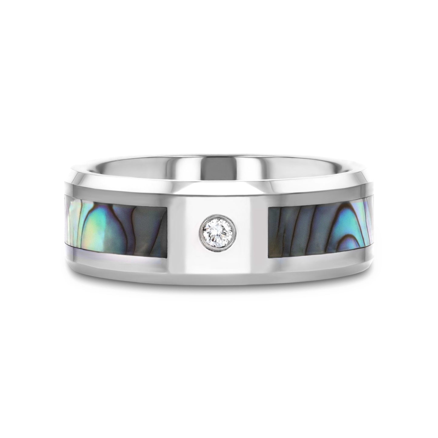 HONOLULU Mother of Pearl Inlay Tungsten Carbide Ring with Beveled Edges and White Diamond - 8mm