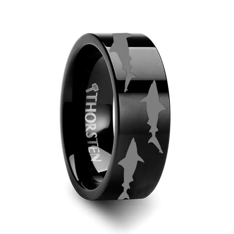 Shark Predator Fish Sea Print Pattern Engraved Flat Black Tungsten Ring - 4mm - 12mm - 6mm
