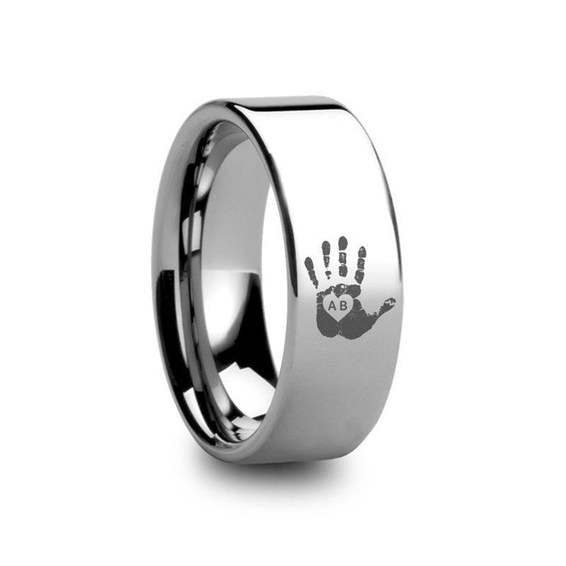 Handprint Initials Engraved Flat Pipe Cut Tungsten Ring Polished - 4mm - 12mm - 6mm