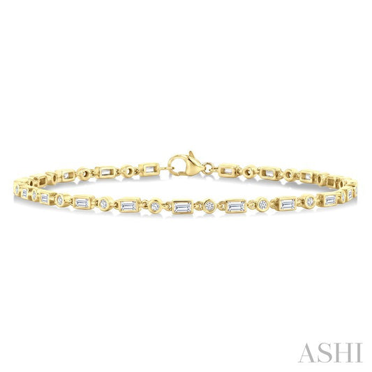 3/4 Ctw Bezel Set Baguette and Round Cut Diamond Fashion Bracelet in 14K Yellow Gold