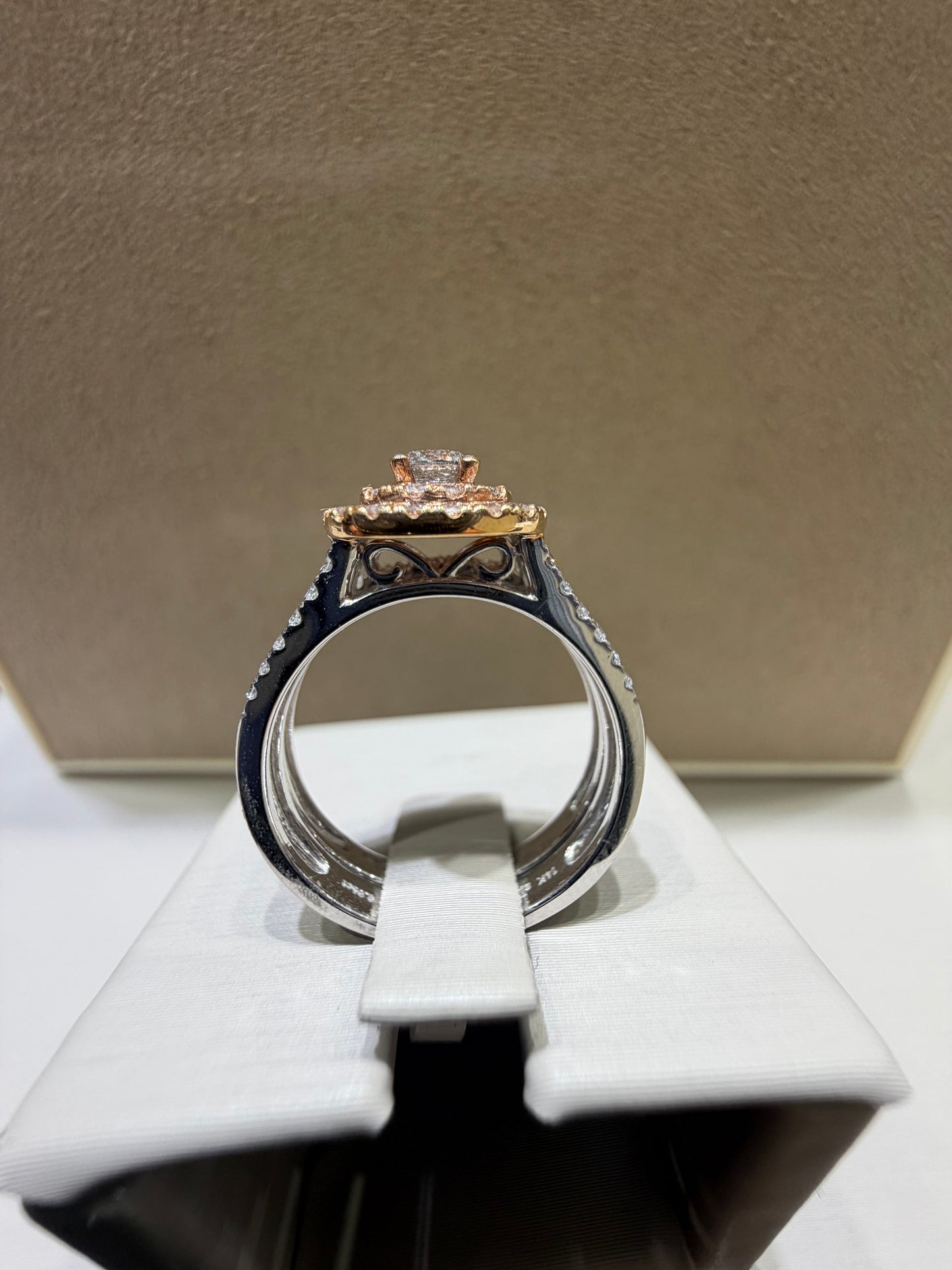 14K Two-Tone Double Halo Diamond Wedding Set | Rose & White Gold .96ctw .25ctr