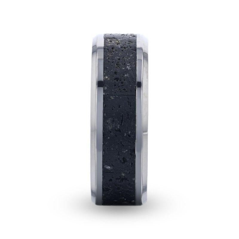 MAUNA Black And Gray Lava Inlaid Titanium Men's Wedding Band With Polished Beveled Edges - 8mm