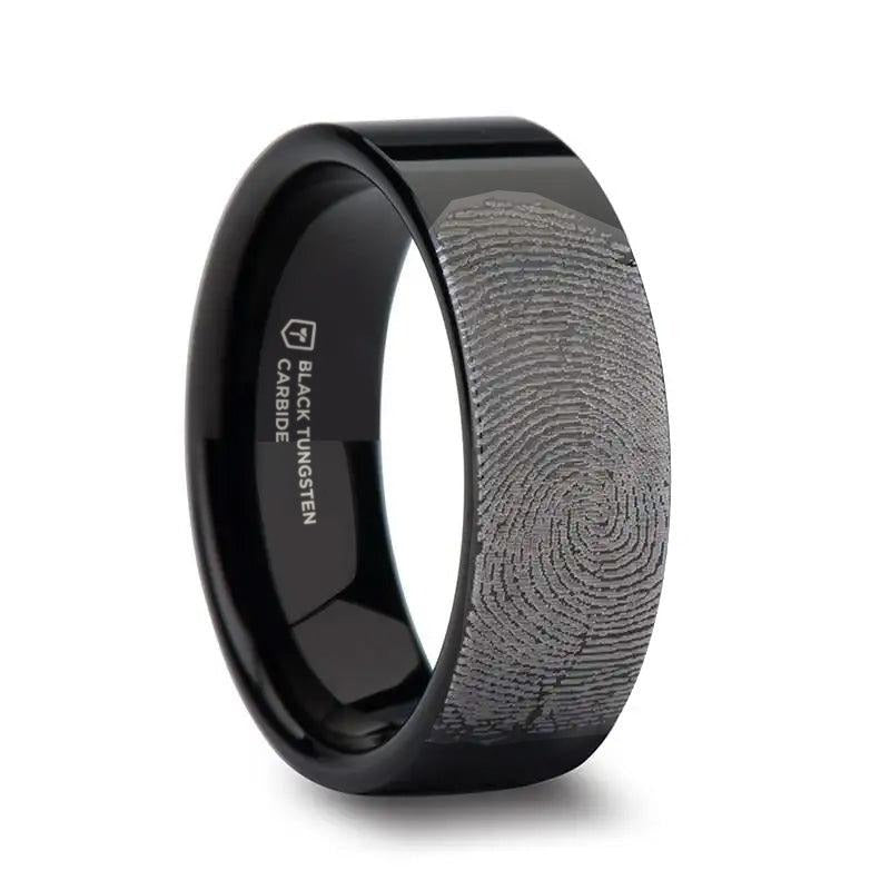 Fingerprint Engraved Flat Pipe Cut Black Tungsten Ring Polished - Morpheus - 4mm - 12mm - 6mm