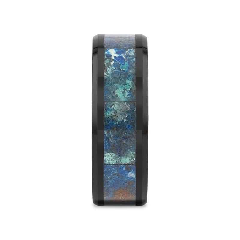 CELADON Black Beveled Ceramic Wedding Band with Polished Chrysocolla Inlay - 8mm