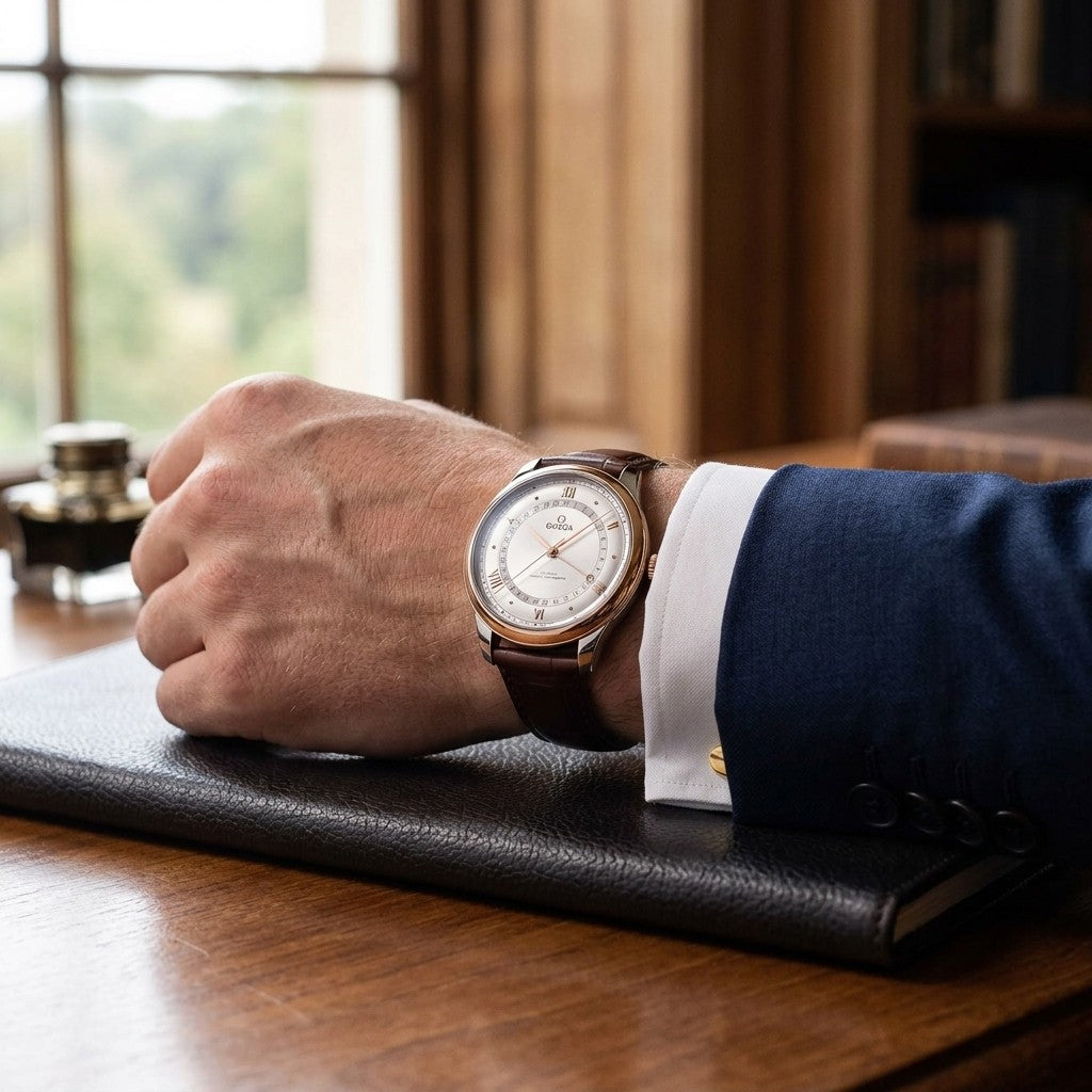 Omega de Ville Prestige 42 mm — Steel ‑ Sedna™ Gold on Alligator — lifestyle