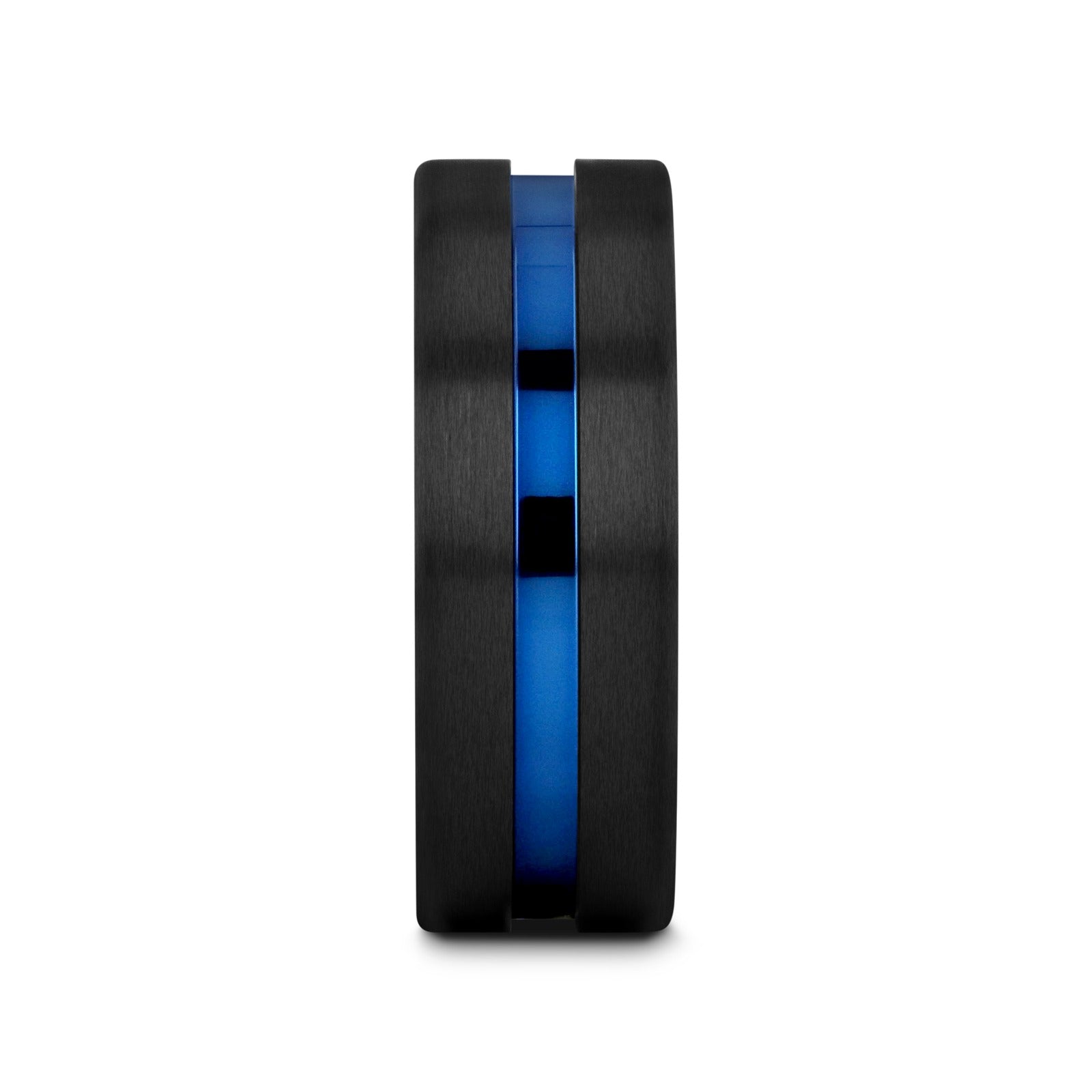 WESTLEY Flat Brushed Finish Black Ceramic Men’s Wedding Ring with Blue Grooved Center - 8mm