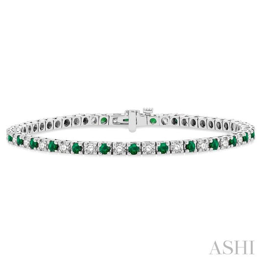 2.5 MM Emerald and 1 1/2 Ctw Round Cut Diamond Square Box Link Precious Tennis Bracelet in 14K White Gold