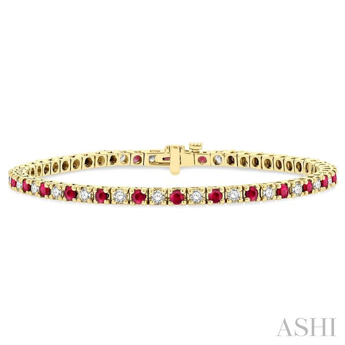 2.5 MM Ruby and 1 1/2 Ctw Round Cut Diamond Square Box Link Precious Tennis Bracelet in 14K Yellow Gold